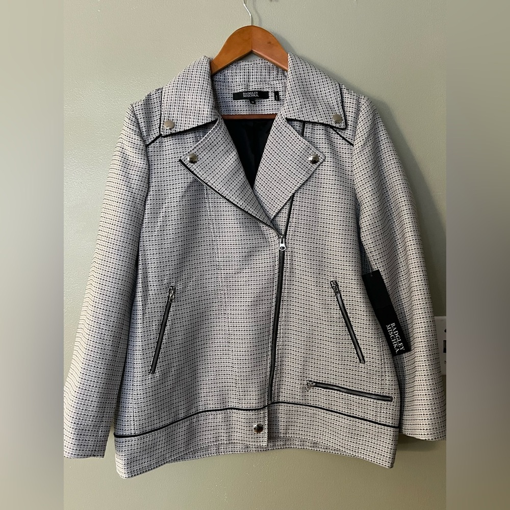 Badgley Mischka Monochrome Textured Moto Blazer Full Zip Gray M NWT